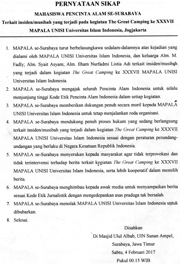Pernyataan Sikap Mapala Se-Surabaya terkait insiden/musibah kegiatan The Great Camping ke-XXXVII Mapala UNISI Universitas Islam Indonesia Yogyakarta