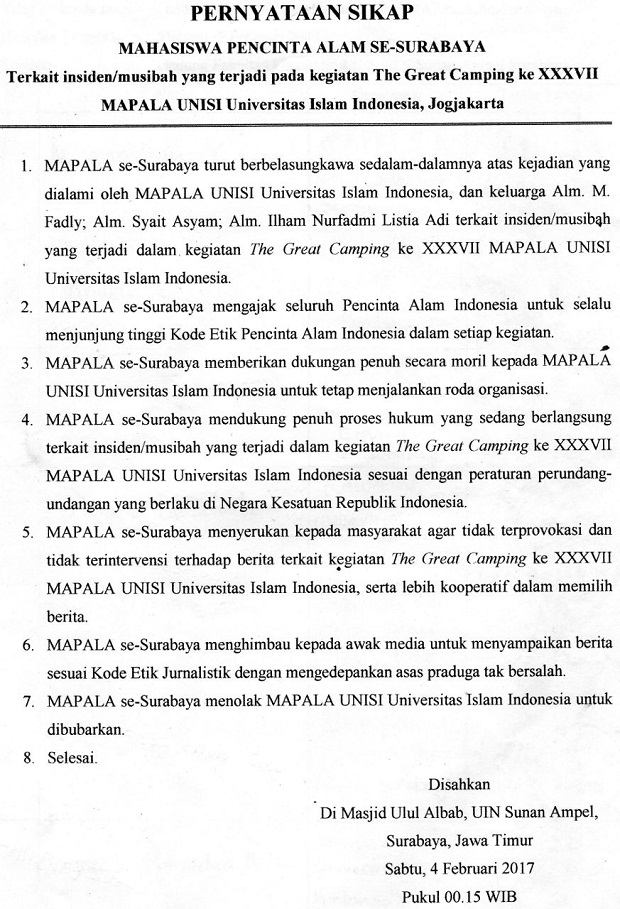 Mapala se-Surabaya siap nyatakan sikap dan hadir dalam konsolidasi terkait Peristiwa Mapala UNISI